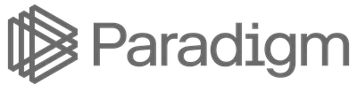 A geometric green logo next to the word Paradigm in white text, set against a dark purple background with soft, blurred light effects.