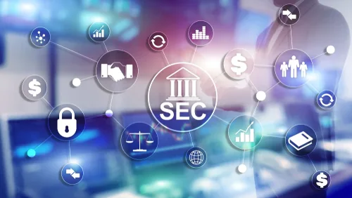 SEC icon surrounded by smaller icons related to security, currency, crypto and justice. Story related to XRP cryptocurrency.