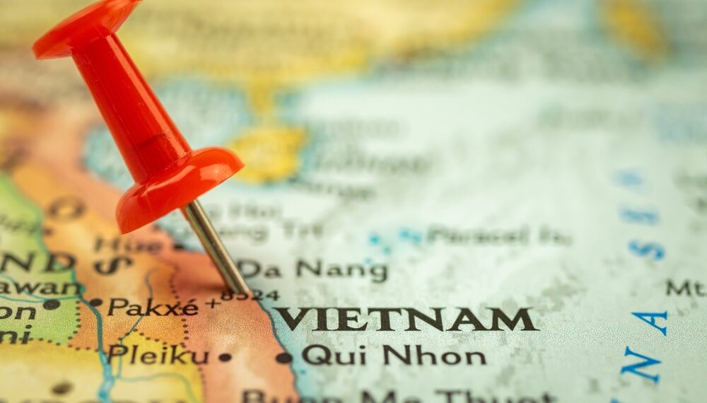 Five reasons why Vietnam’s crypto usage is so high. Map with a pinpoint of Vietnam.