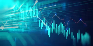 A digital graphic shows a futuristic financial chart with blue and red lines and green bar graphs, representing fluctuating stock market data, on a blue abstract background.