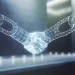 Digital picture of two robotic-looking hands shaking to illustrate an article about the consensus mechanism in blockchain.