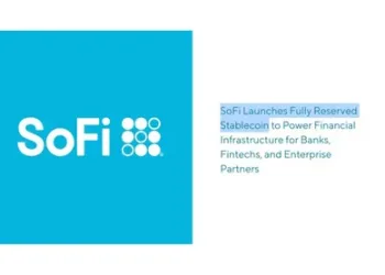 Blue SoFi logo on the left. On the right, text reads: SoFi Launches Fully Reserved Stablecoin to Power Financial Infrastructure for Banks, Fintechs, and Enterprise Partners.