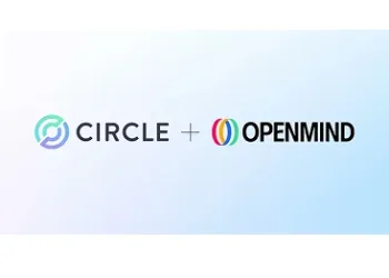 Logo for Circle on the left, a plus sign in the center, and the OpenMind logo with multicolored rings and black text on the right, all on a light gradient background.