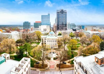 Drone image of Raleigh, North Carolina, used to illustrate article about crypto usage in the state.