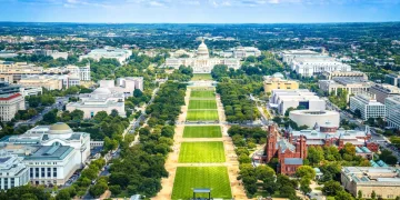 Aerial view of the National Mall in Washington, D.C., showing green lawns, tree-lined paths, and prominent buildings like the U.S. Capitol, museums, and the Smithsonian Castle under a partly cloudy sky.