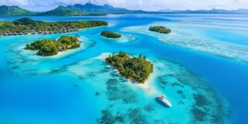Aerial view of Pacific islands to accompany crypto article about uptake in the region.